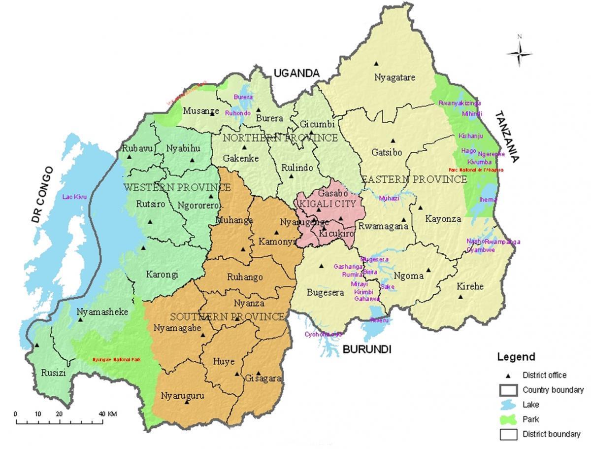 žemėlapis Ruandos su rajonų ir sektorių,